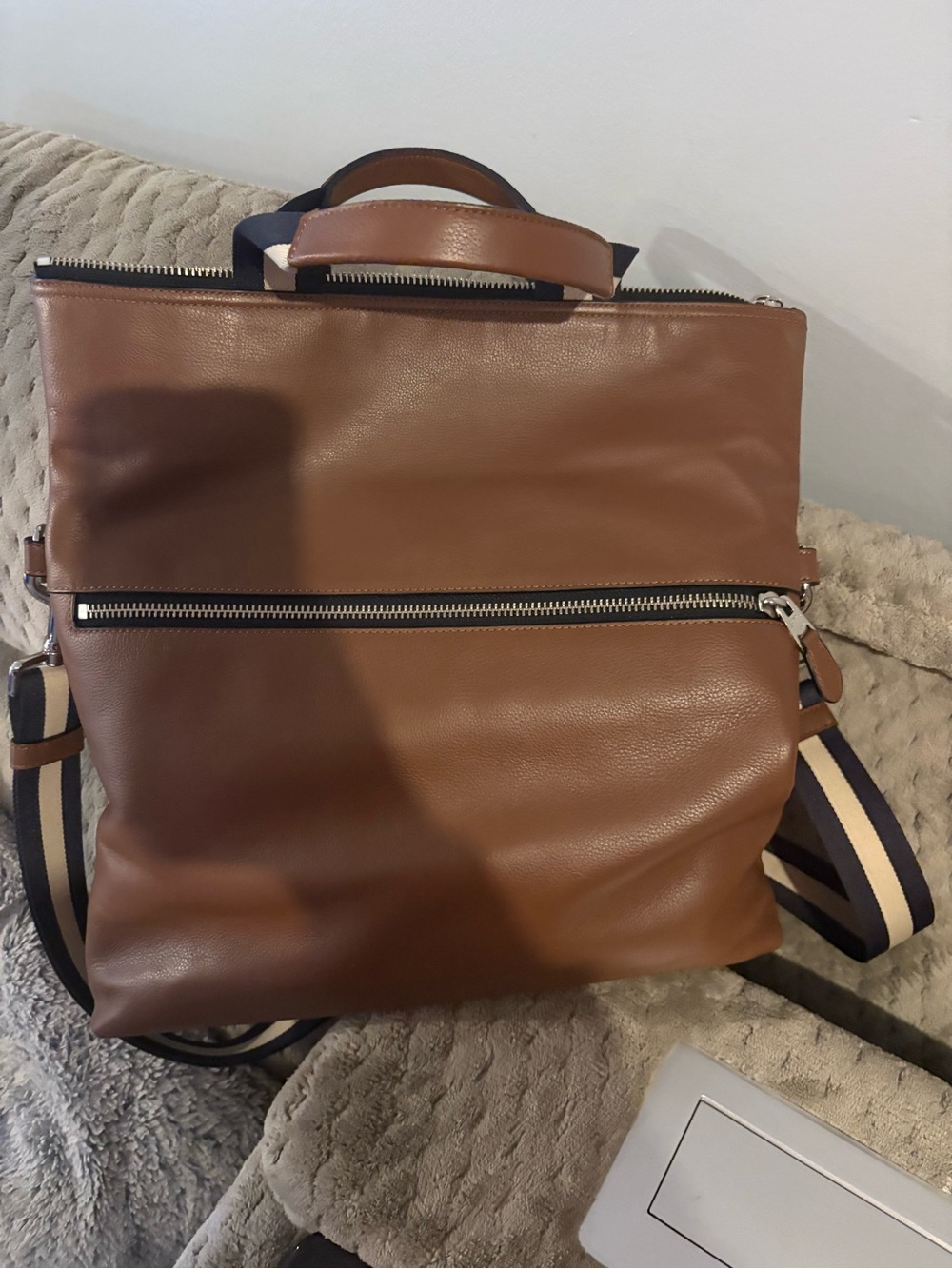 Coach Tan Leather Convertible Tote with Striped Strap - Picture 3 of 4